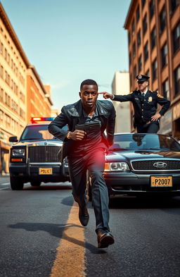 A dramatic scene depicting a Black man running swiftly down an urban street, holding a gun in his hand