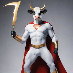 A cow-themed superhero holding a dazzling sickle weapon, standing valiantly. Dressed in a costume that creatively features elements of a cow, demonstrating strength and courage