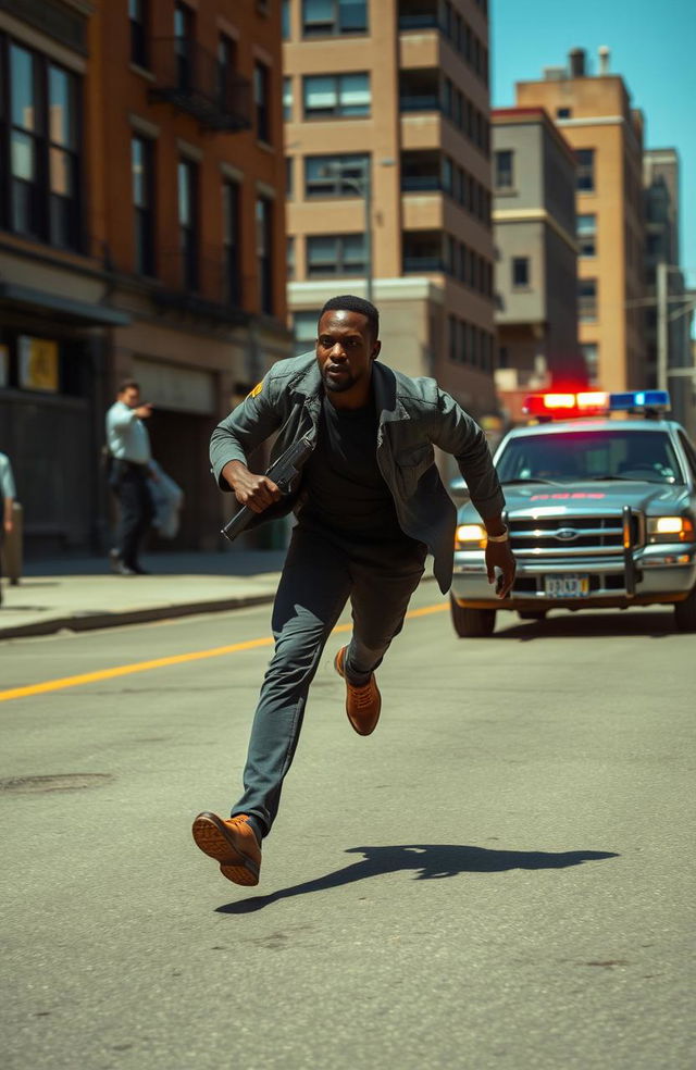 A dramatic scene depicting a Black man running swiftly down an urban street, holding a gun in his hand