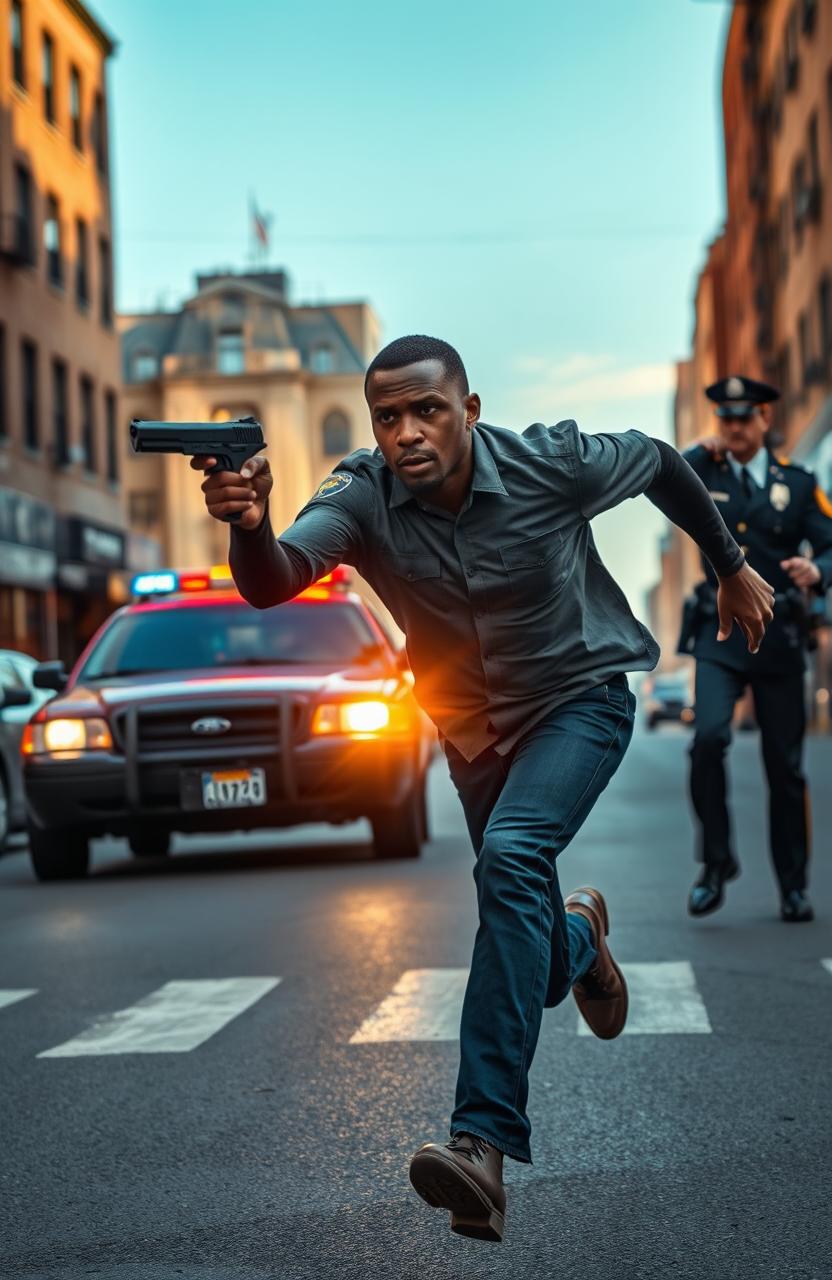 A dramatic scene depicting a Black man running swiftly down an urban street, holding a gun in his hand