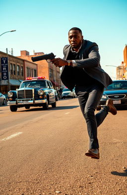 A dramatic scene depicting a Black man running swiftly down an urban street, holding a gun in his hand