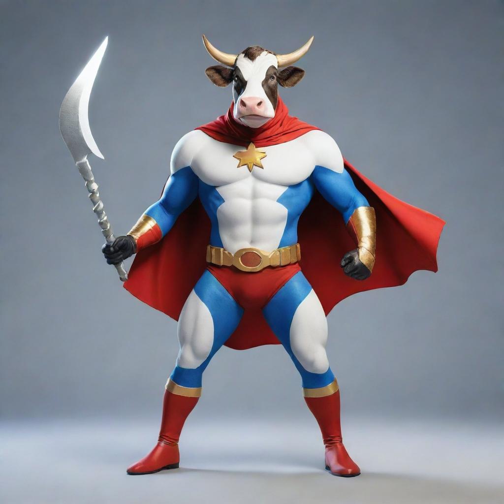 A cow-themed superhero holding a dazzling sickle weapon, standing valiantly. Dressed in a costume that creatively features elements of a cow, demonstrating strength and courage