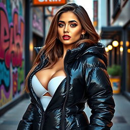 A hot girl wearing a tight, shiny black puffer jacket that accentuates her large breasts and curvy figure