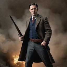 A visually appealing representation of a heroic figure, confidently wielding a historically accurate Thompson gun, standing against a dynamic action-filled background.