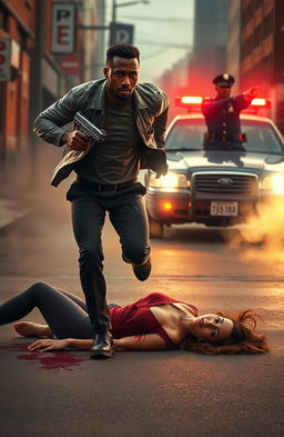 A dynamic scene depicting a black man sprinting with determination, holding a gun tightly in his hand