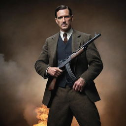 A visually appealing representation of a heroic figure, confidently wielding a historically accurate Thompson gun, standing against a dynamic action-filled background.