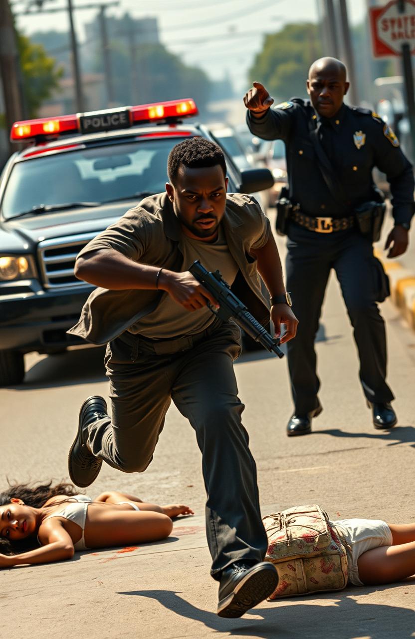 A dynamic scene depicting a black man sprinting with determination, holding a gun tightly in his hand