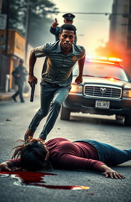 A dynamic scene depicting a black man sprinting with determination, holding a gun tightly in his hand