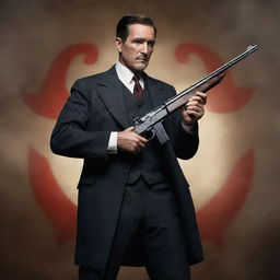 A visually appealing representation of a heroic figure, confidently wielding a historically accurate Thompson gun, standing against a dynamic action-filled background.