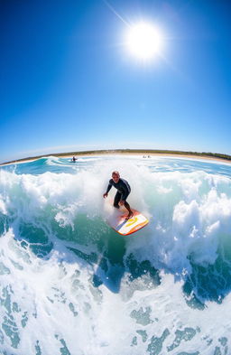 A dynamic scene of waveski surfing in a vibrant ocean, showcasing a surfer expertly maneuvering on a colorful waveski amidst large, rolling waves
