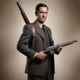 A visually appealing representation of a heroic figure, confidently wielding a historically accurate Thompson gun, standing against a dynamic action-filled background.