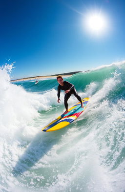 A dynamic scene of waveski surfing in a vibrant ocean, showcasing a surfer expertly maneuvering on a colorful waveski amidst large, rolling waves