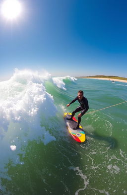 A dynamic scene of waveski surfing in a vibrant ocean, showcasing a surfer expertly maneuvering on a colorful waveski amidst large, rolling waves