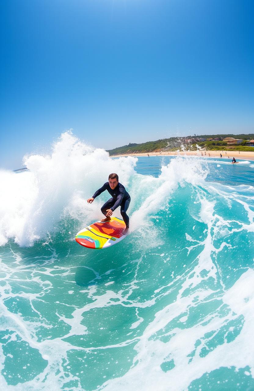 A dynamic scene of waveski surfing in a vibrant ocean, showcasing a surfer expertly maneuvering on a colorful waveski amidst large, rolling waves