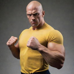 A bald, muscular superhero in a tight-fit yellow shirt flexing his arms to show his incredible one punch power, with a determined expression on his face.