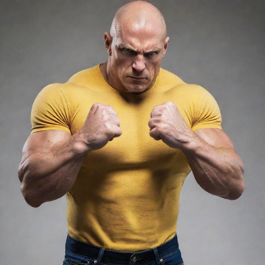 A bald, muscular superhero in a tight-fit yellow shirt flexing his arms to show his incredible one punch power, with a determined expression on his face.