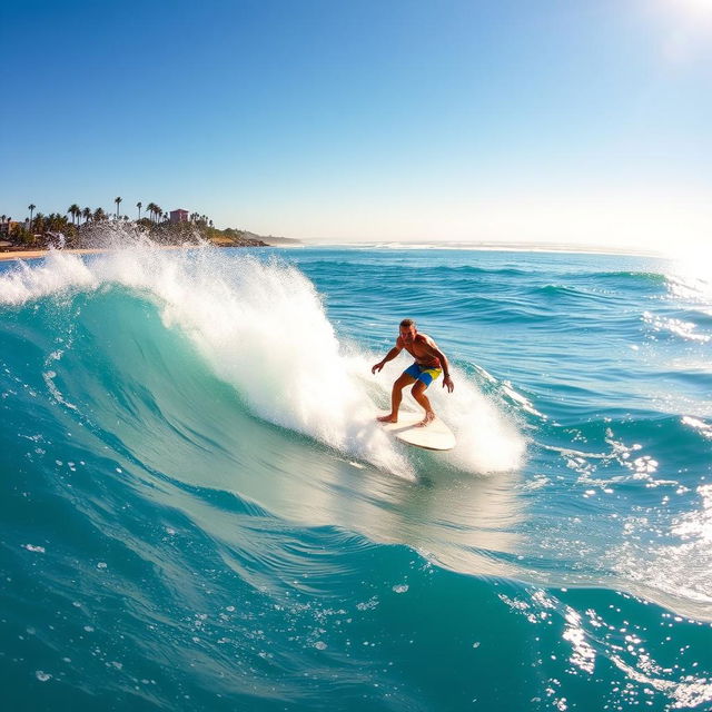 An exhilarating scene of surfing, capturing a skilled surfer riding a massive wave in the ocean