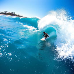 An exhilarating scene of surfing, capturing a skilled surfer riding a massive wave in the ocean