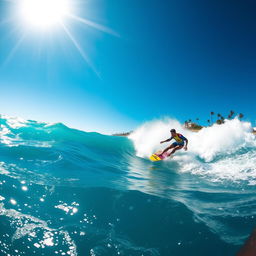 An exhilarating scene of surfing, capturing a skilled surfer riding a massive wave in the ocean