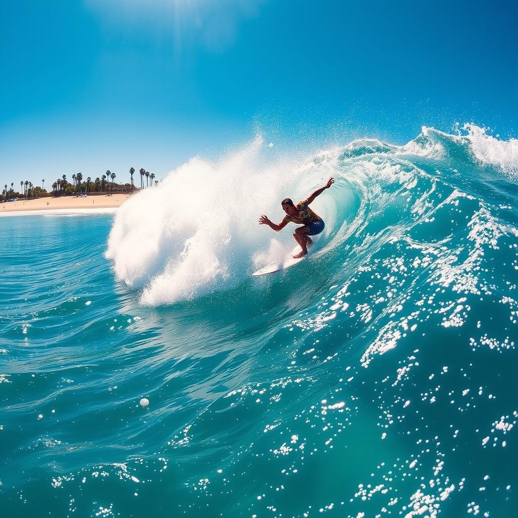 An exhilarating scene of surfing, capturing a skilled surfer riding a massive wave in the ocean