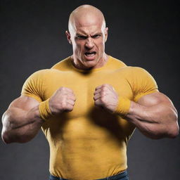 A bald, muscular superhero in a tight-fit yellow shirt flexing his arms to show his incredible one punch power, with a determined expression on his face.