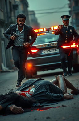 A dramatic scene depicting a Black man running with a gun in his hand, intensely focused as he sprints away