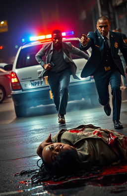A dramatic scene depicting a Black man running with a gun in his hand, intensely focused as he sprints away