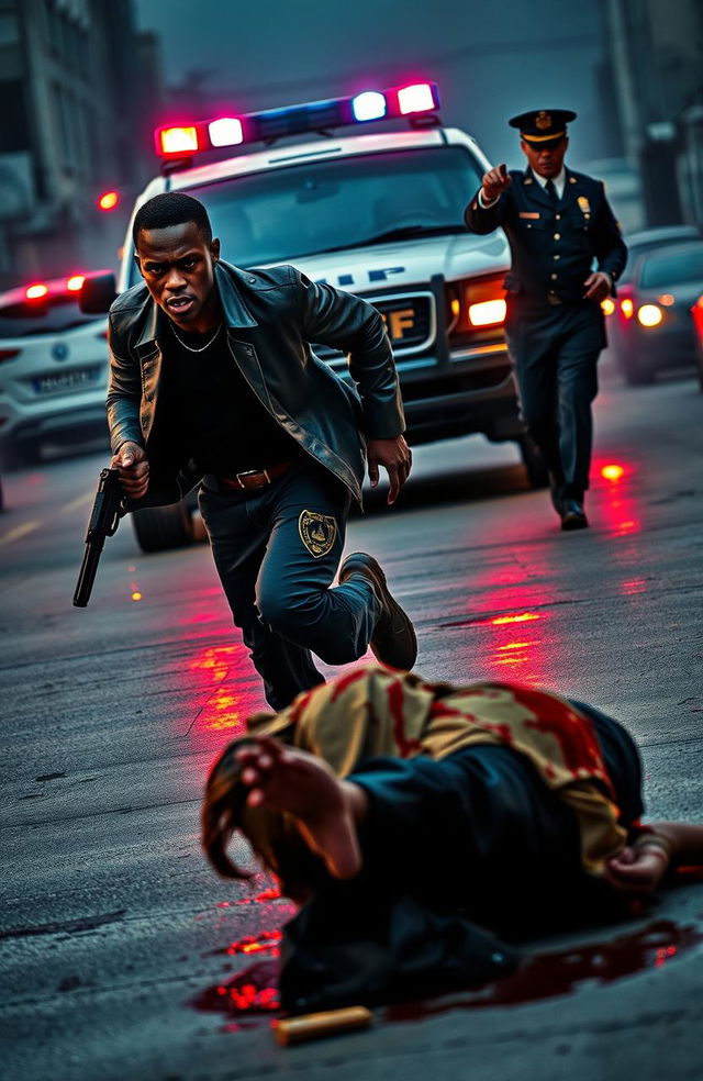 A dramatic scene depicting a Black man running with a gun in his hand, intensely focused as he sprints away