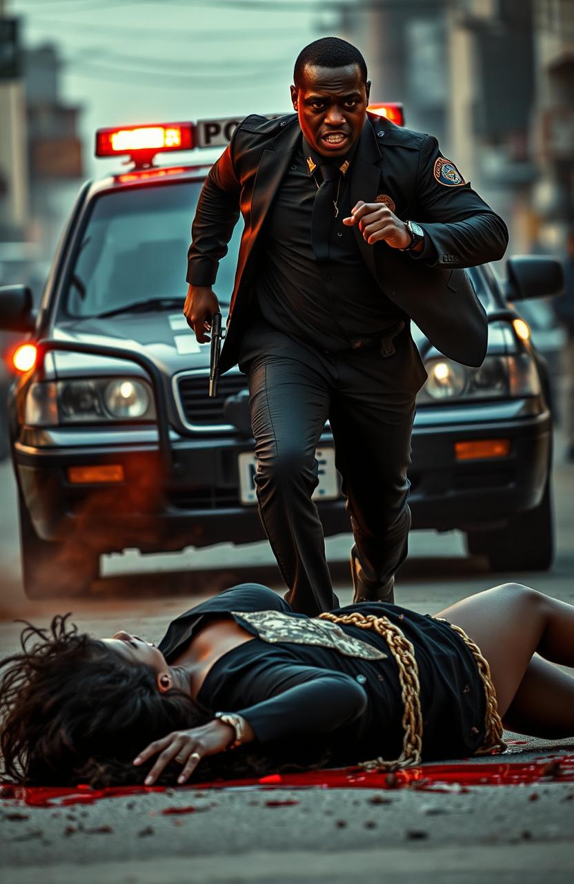 A dramatic scene depicting a Black man running with a gun in his hand, intensely focused as he sprints away