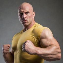 A bald, muscular superhero in a tight-fit yellow shirt flexing his arms to show his incredible one punch power, with a determined expression on his face.