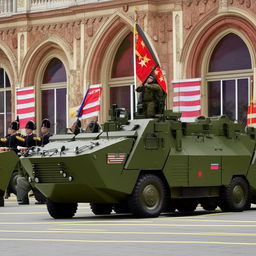 A state-of-the-art armored military vehicle, leading the march, followed by a dozen disciplined soldiers in formation.