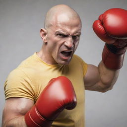 A bald, muscular superhero wearing a fitted yellow shirt and red boxing gloves. He is demonstrating his incredible one punch power, with an expression of sheer determination.