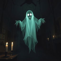 A terrifying ghost, with a translucent, ethereal body floating in a dimly lit, abandoned mansion