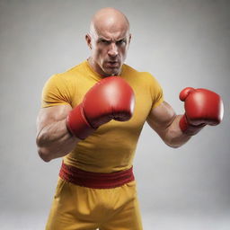 A bald, muscular superhero wearing a fitted yellow shirt and red boxing gloves. He is demonstrating his incredible one punch power, with an expression of sheer determination.