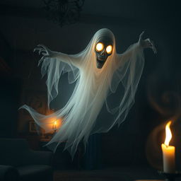 A terrifying ghost, with a translucent, ethereal body floating in a dimly lit, abandoned mansion