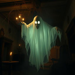 A terrifying ghost, with a translucent, ethereal body floating in a dimly lit, abandoned mansion