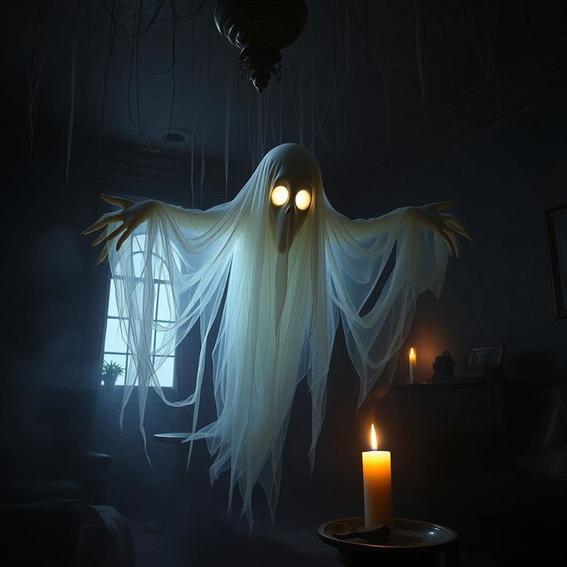 A terrifying ghost, with a translucent, ethereal body floating in a dimly lit, abandoned mansion