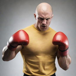 A bald, muscular superhero wearing a fitted yellow shirt and red boxing gloves. He is demonstrating his incredible one punch power, with an expression of sheer determination.