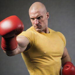 A bald, muscular superhero wearing a fitted yellow shirt and red boxing gloves. He is demonstrating his incredible one punch power, with an expression of sheer determination.