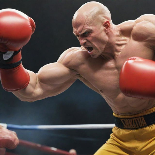 A dramatic scene where a bald, muscular superhero in a yellow shirt and red boxing gloves is engaged in an epic battle with Saitama, both showcasing their extreme one punch power.