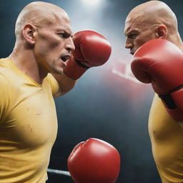 A dramatic scene where a bald, muscular superhero in a yellow shirt and red boxing gloves is engaged in an epic battle with Saitama, both showcasing their extreme one punch power.