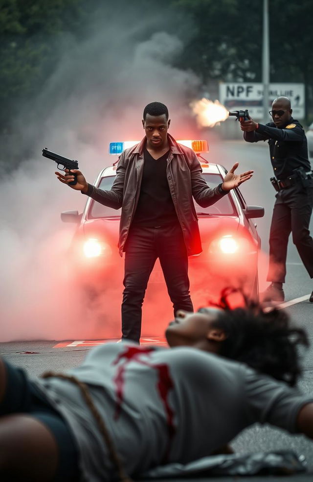 A dramatic and intense scene portraying a black man with a gun in his hand, standing with hands outstretched as if surrendering after being shot