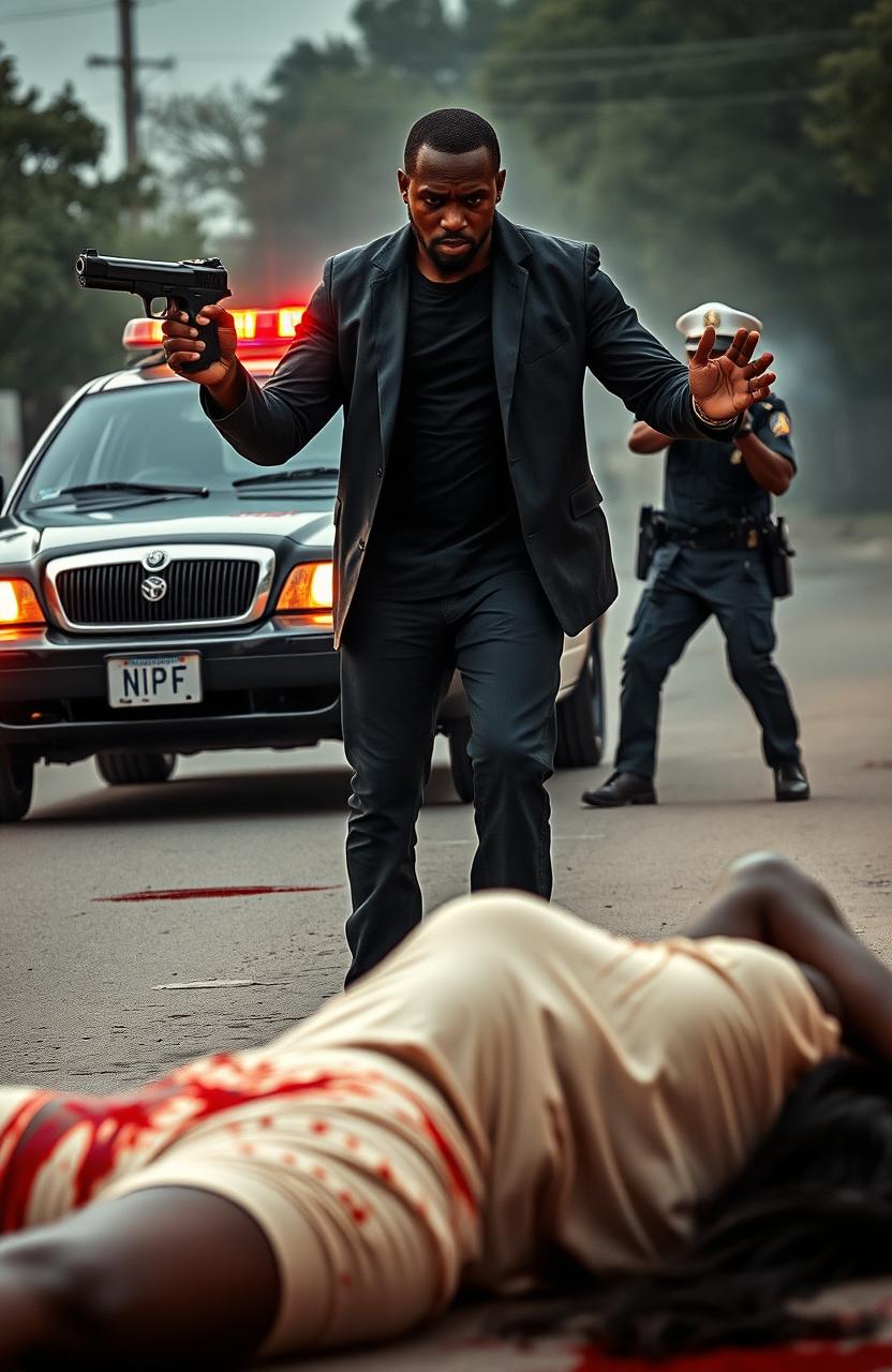 A dramatic and intense scene portraying a black man with a gun in his hand, standing with hands outstretched as if surrendering after being shot