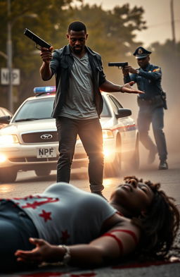 A dramatic and intense scene portraying a black man with a gun in his hand, standing with hands outstretched as if surrendering after being shot