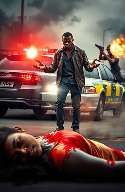 A dramatic and intense scene portraying a black man with a gun in his hand, standing with hands outstretched as if surrendering after being shot