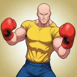 Anime style illustration of a bald, muscular superhero, flaunting his one punch power. He is dressed in a vibrant yellow shirt and red boxing gloves, striking a dynamic pose.