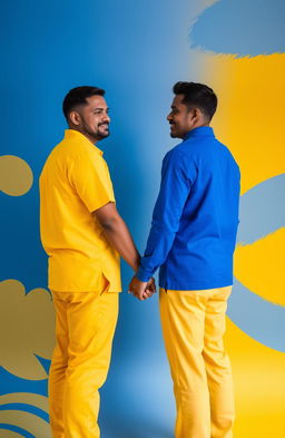 Two men holding hands, standing back to back