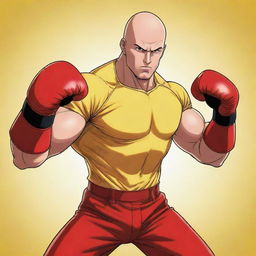 Anime style illustration of a bald, muscular superhero, flaunting his one punch power. He is dressed in a vibrant yellow shirt and red boxing gloves, striking a dynamic pose.