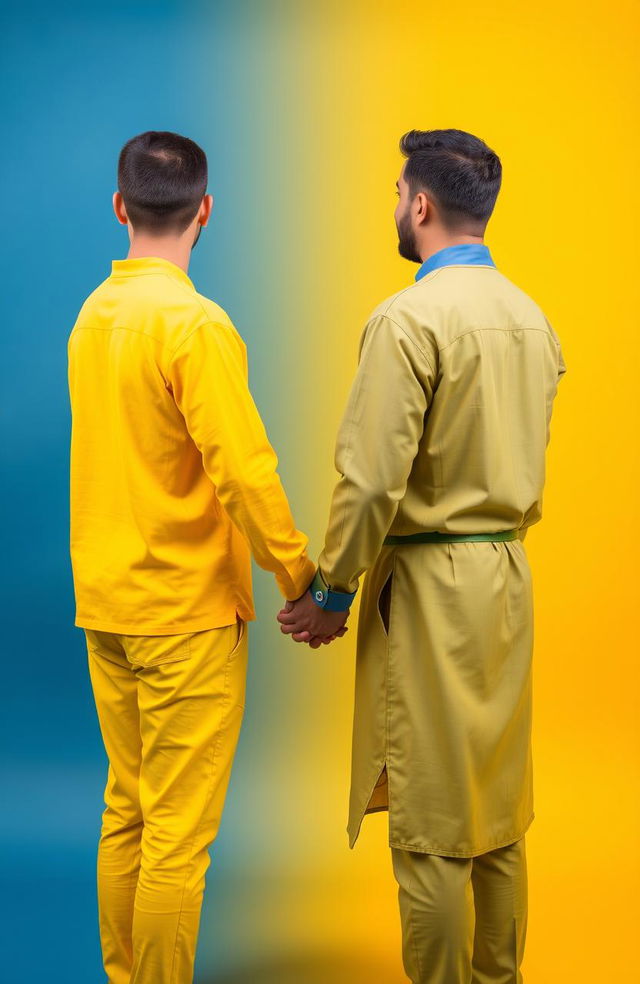 Two men holding hands, standing back to back