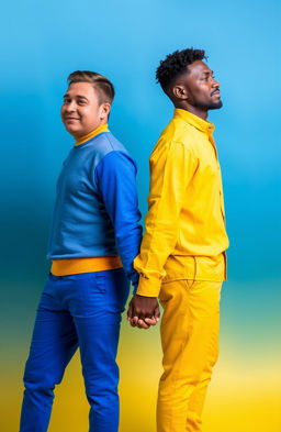 Two men holding hands, standing back to back
